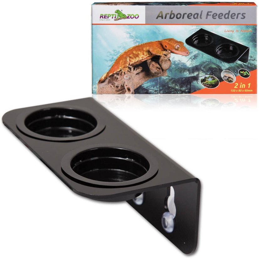 Terarijné stromové krmítko s miskami dvojité 15 × 8 × 6,2 cm (černé)