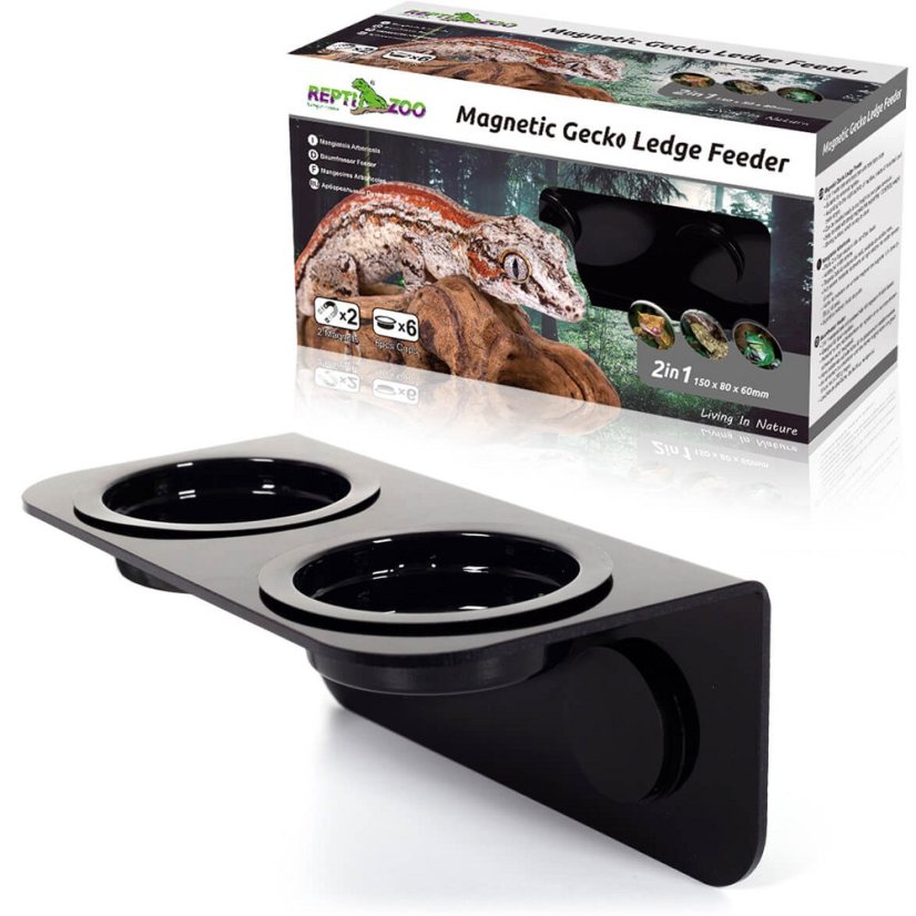 Terarijní magnetické krmítko dvojité + 6× miska (15 × 8 × 6,2 cm, černé/průhledné)